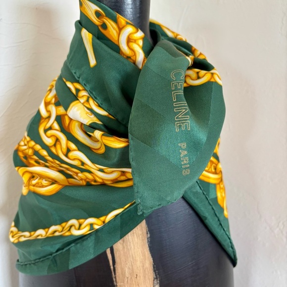 CÉLINE PARIS Hand-Rolled Silk Scarf in Emerald Green and Gold - Picture 1 of 13